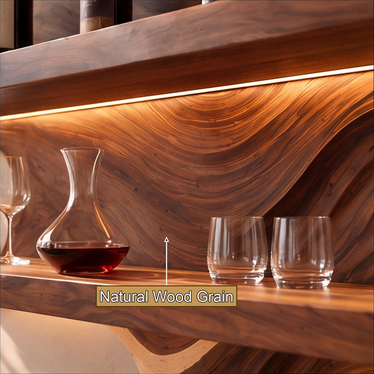 Marevyn Wave-Relief Handcrafted Floating Wine Shelf by Timberustic — natural wood grain detail