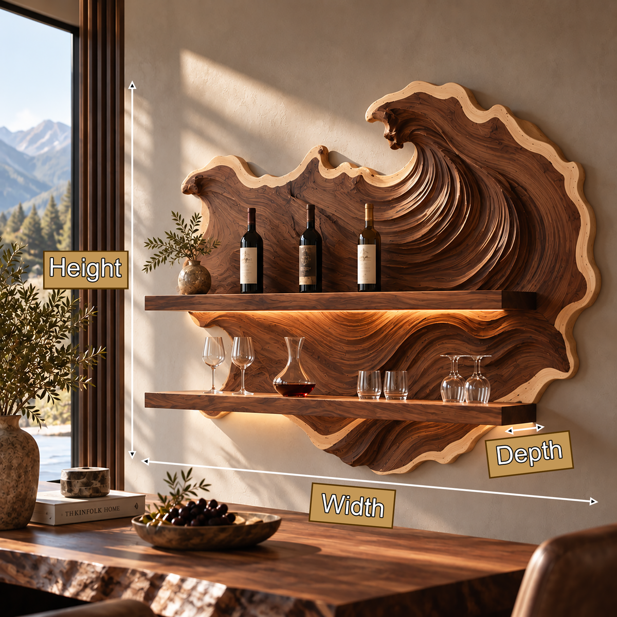 Marevyn Wave-Relief Handcrafted Floating Wine Shelf by Timberustic — product dimensions