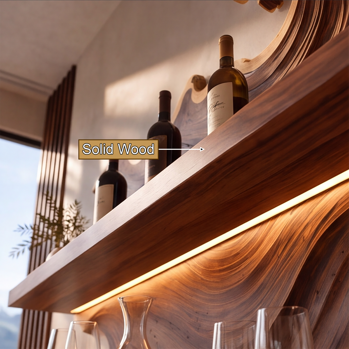 Marevyn Wave-Relief Handcrafted Floating Wine Shelf by Timberustic — solid wood detail