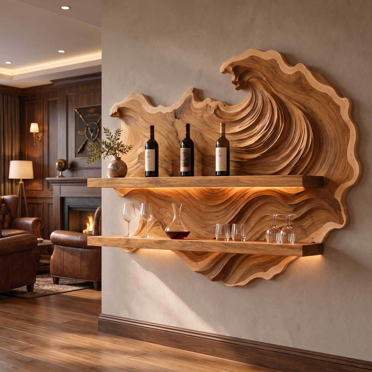 Marevyn Wave-Relief Handcrafted Floating Wine Shelf by Timberustic — Teak finish
