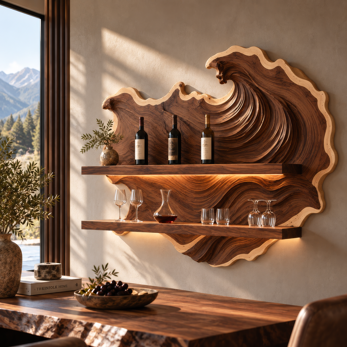 Marevyn Wave-Relief Handcrafted Floating Wine Shelf by Timberustic — overall product view