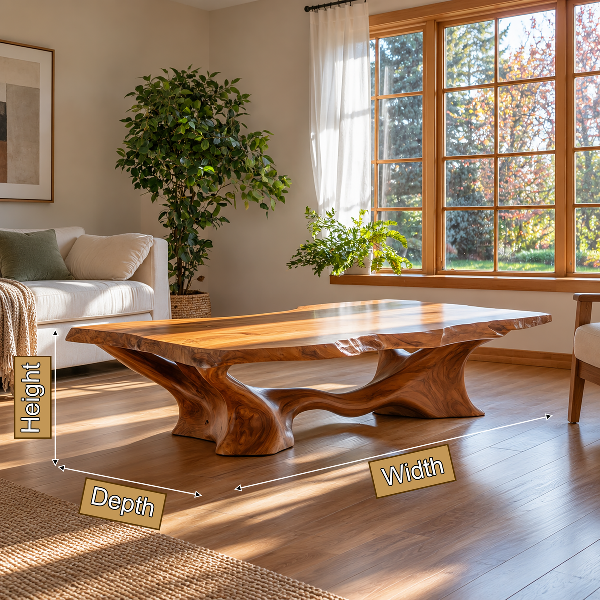 Mirevon Live Edge Sculpted Coffee Table by Timberustic — product dimensions