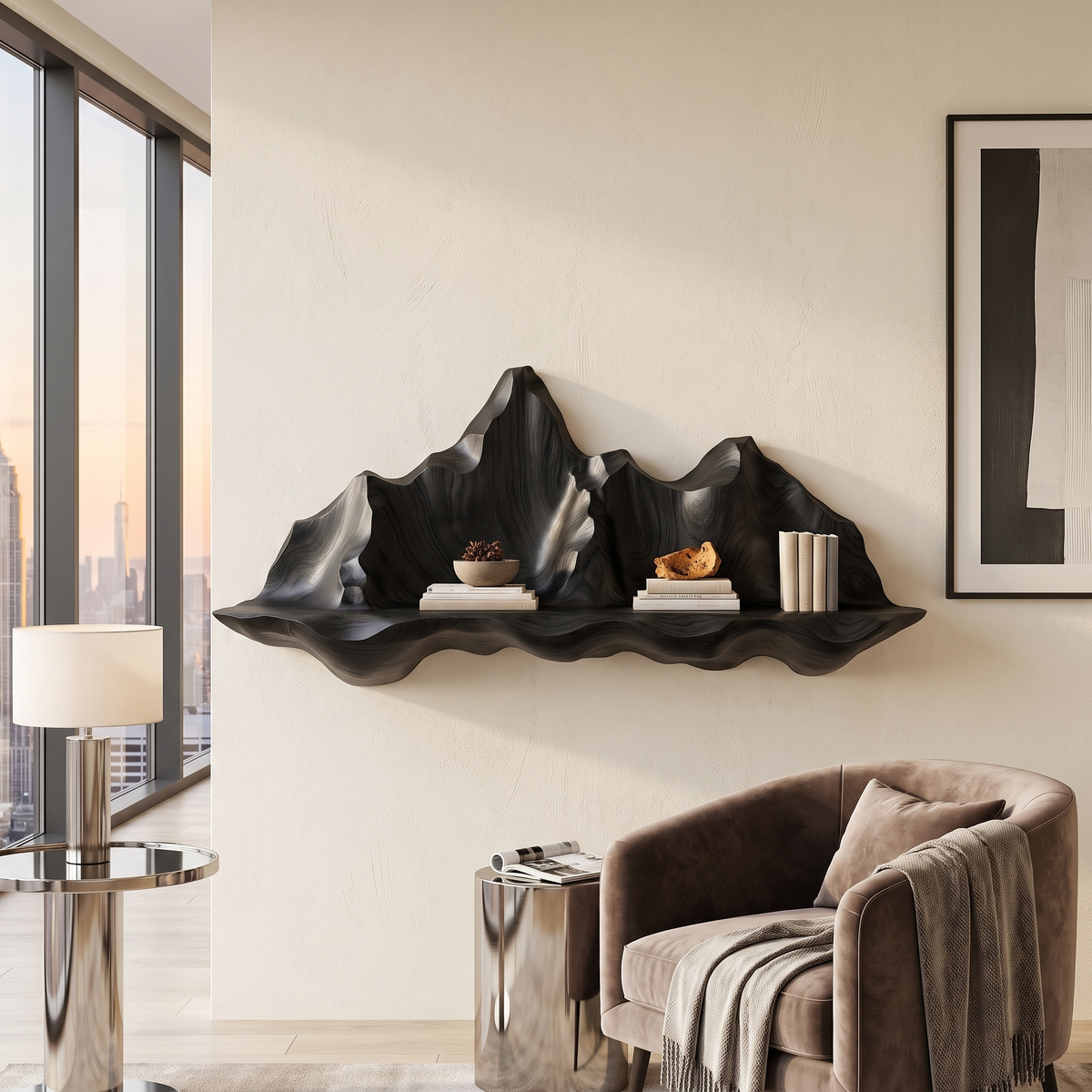 Montavere Sculpted Mountain Landscape Handcrafted Floating Shelf Black - Timberustic Floating Shelf