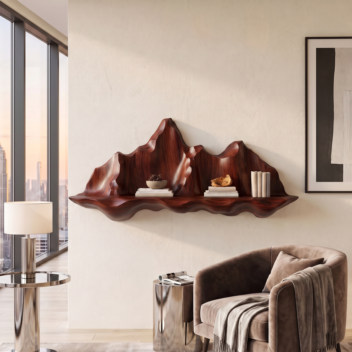 Montavere Sculpted Mountain Landscape Handcrafted Floating Shelf Mahogany - Timberustic Floating Shelf