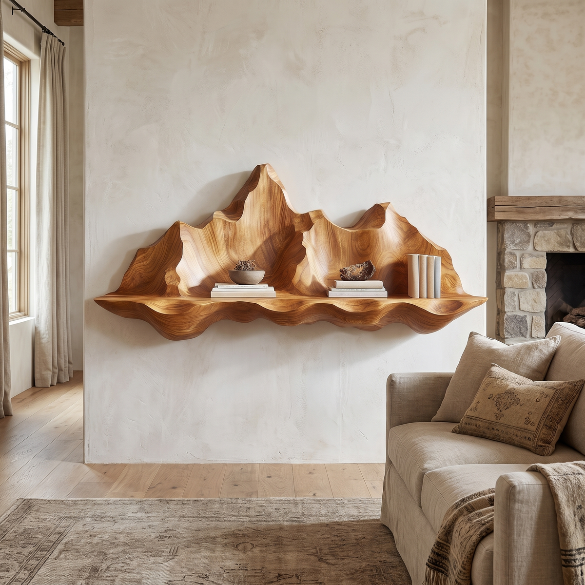 Montavere Sculpted Mountain Landscape Handcrafted Floating Shelf Teak - Timberustic Floating Shelf