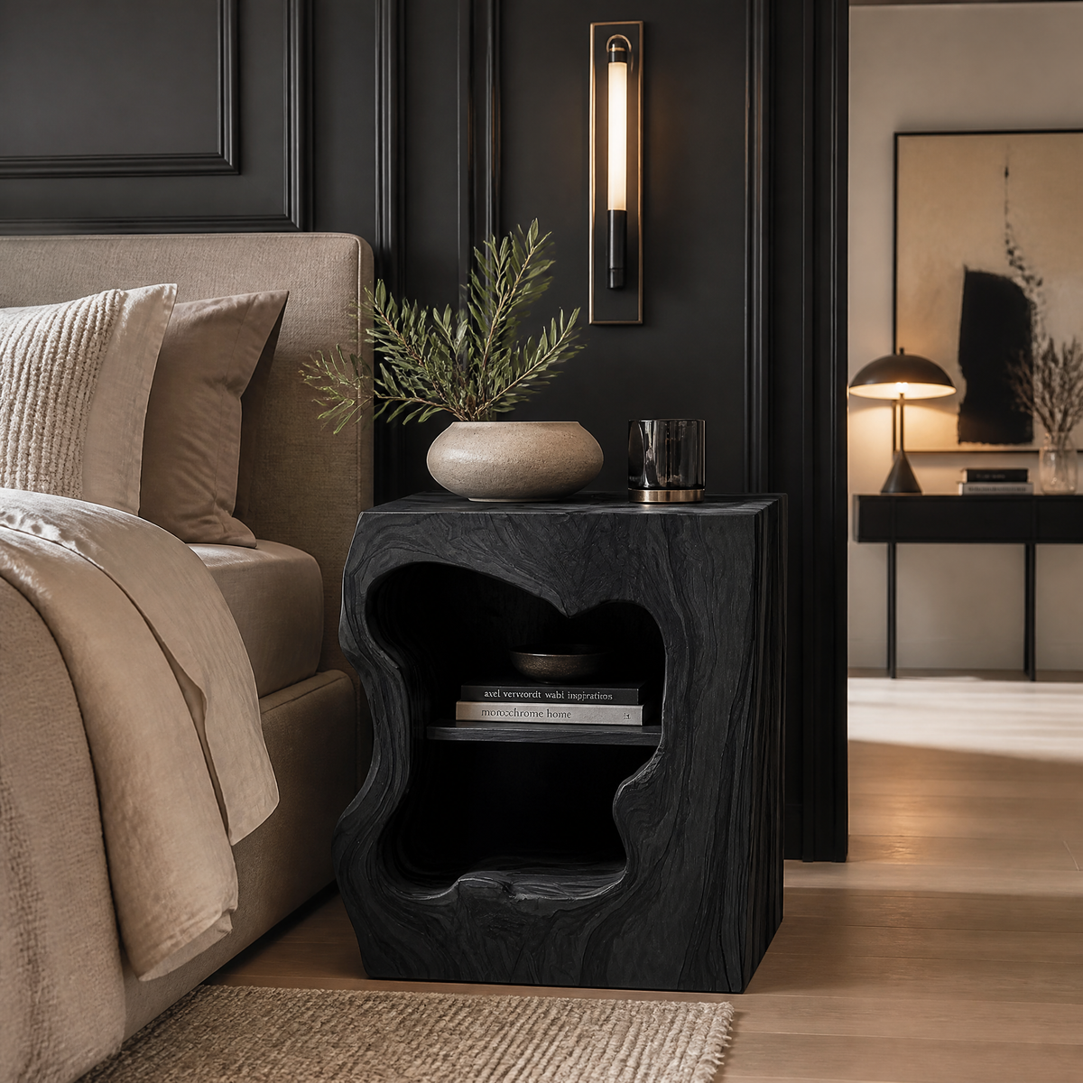 Noradrin Sculpted Hollow Form Handcrafted Bedside Table by Timberustic — Black finish