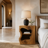 Noradrin Sculpted Hollow Form Handcrafted Bedside Table by Timberustic — Teak finish