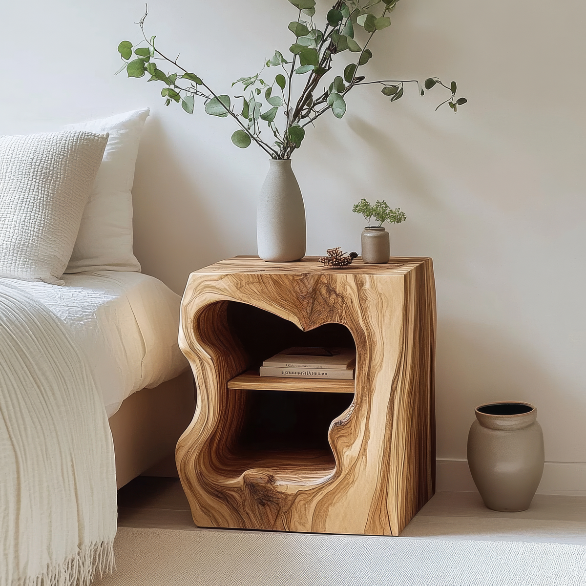 Noradrin Sculpted Hollow Form Handcrafted Bedside Table by Timberustic — overall product view