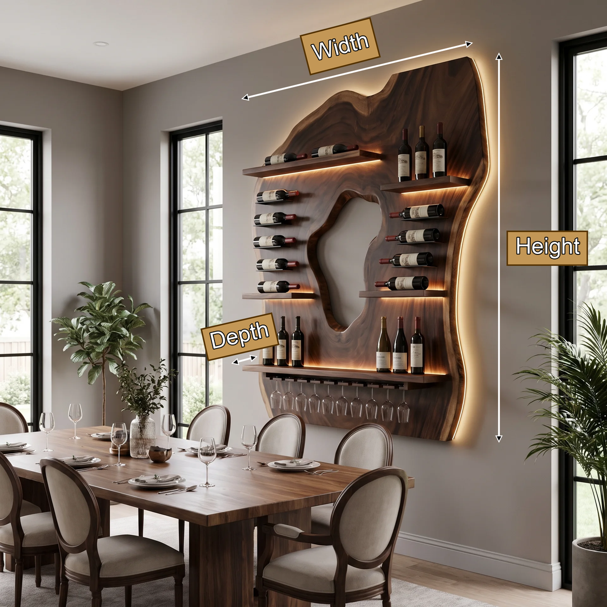 Noralora Asymmetrical Panel Handcrafted Floating Wine Shelf by Timberustic — product dimensions