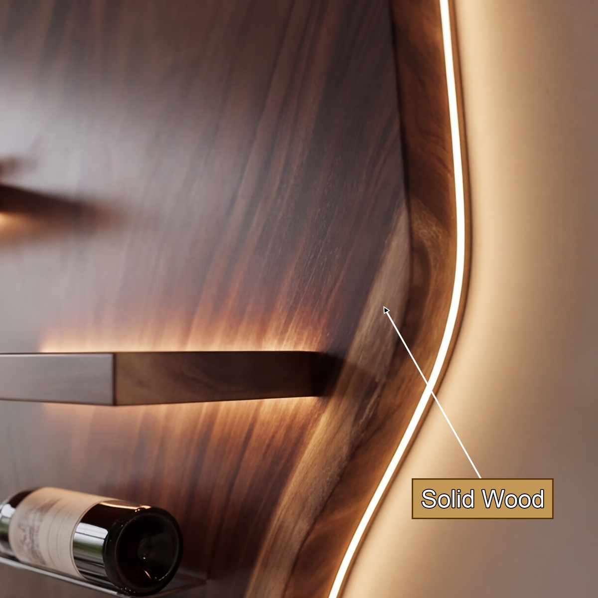 Noralora Asymmetrical Panel Handcrafted Floating Wine Shelf by Timberustic — solid wood detail
