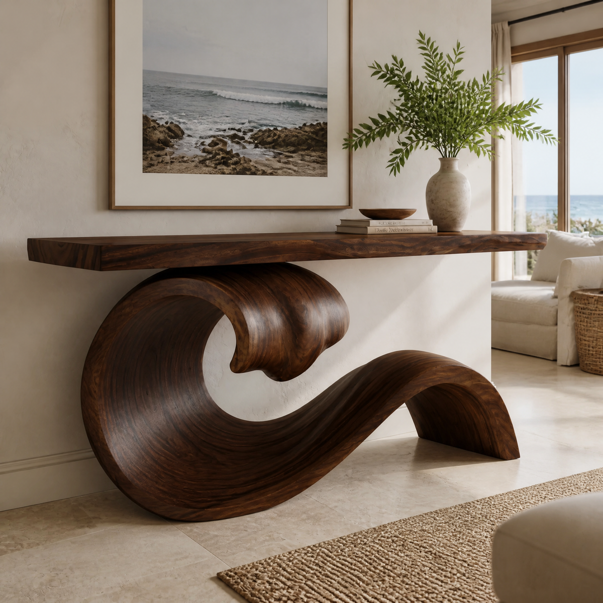 Norarien Sculpted Wave Handcrafted Console Table by Timberustic — Dark Walnut finish