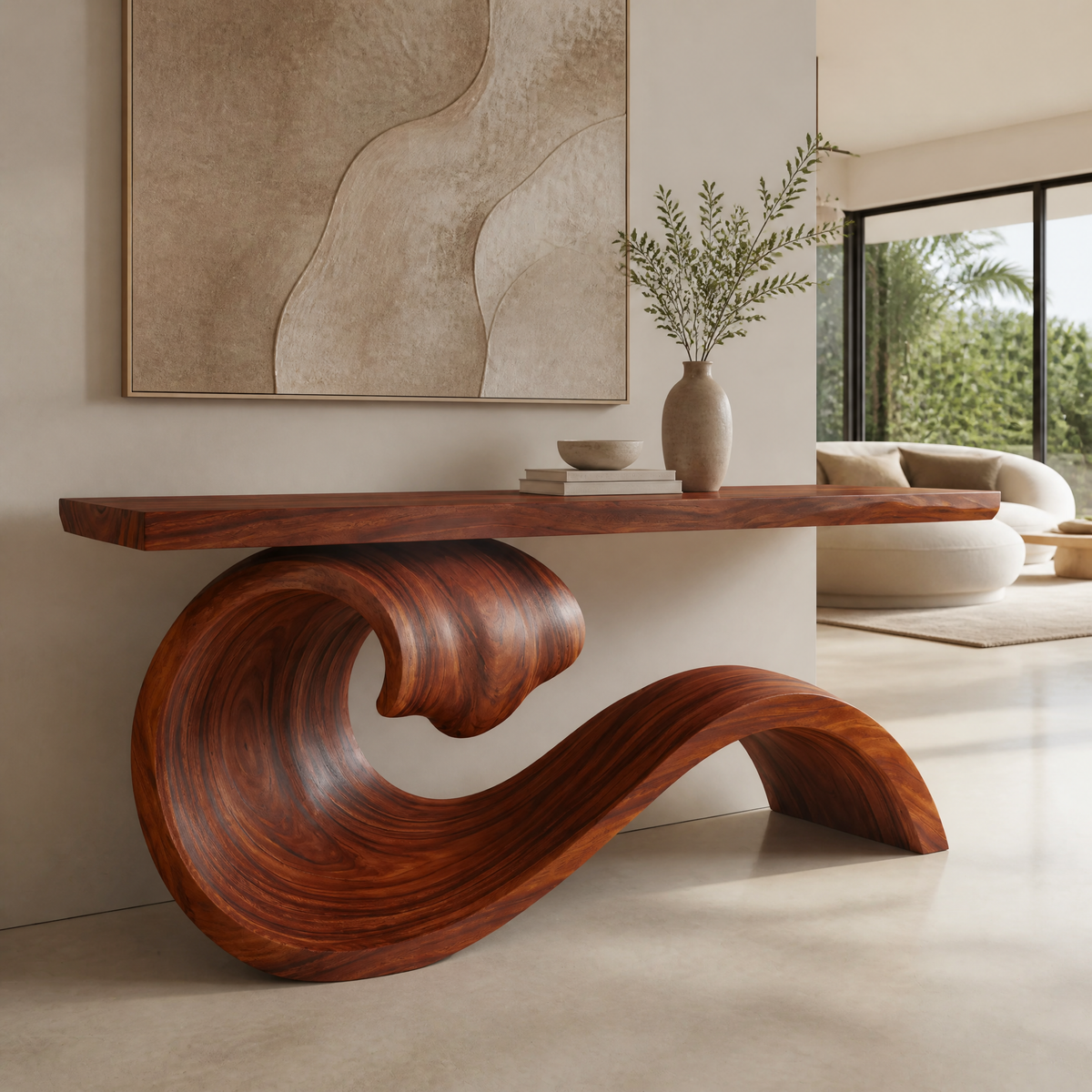 Norarien Sculpted Wave Handcrafted Console Table by Timberustic — Mahogany finish