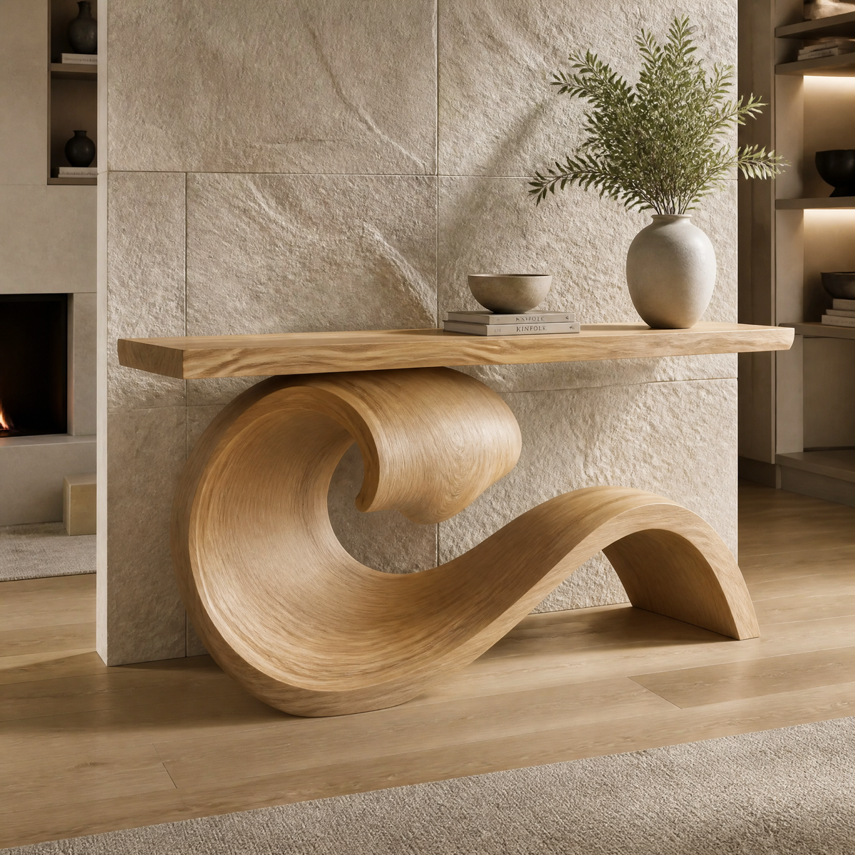 Norarien Sculpted Wave Handcrafted Console Table by Timberustic — Natural Oak finish