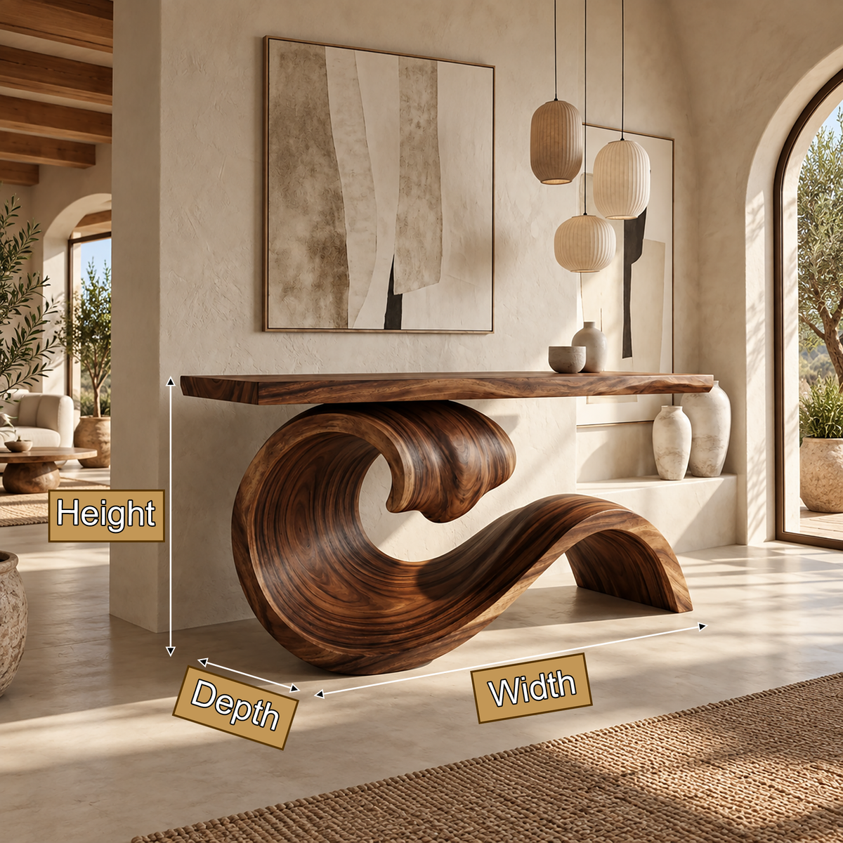Norarien Sculpted Wave Handcrafted Console Table by Timberustic — product dimensions