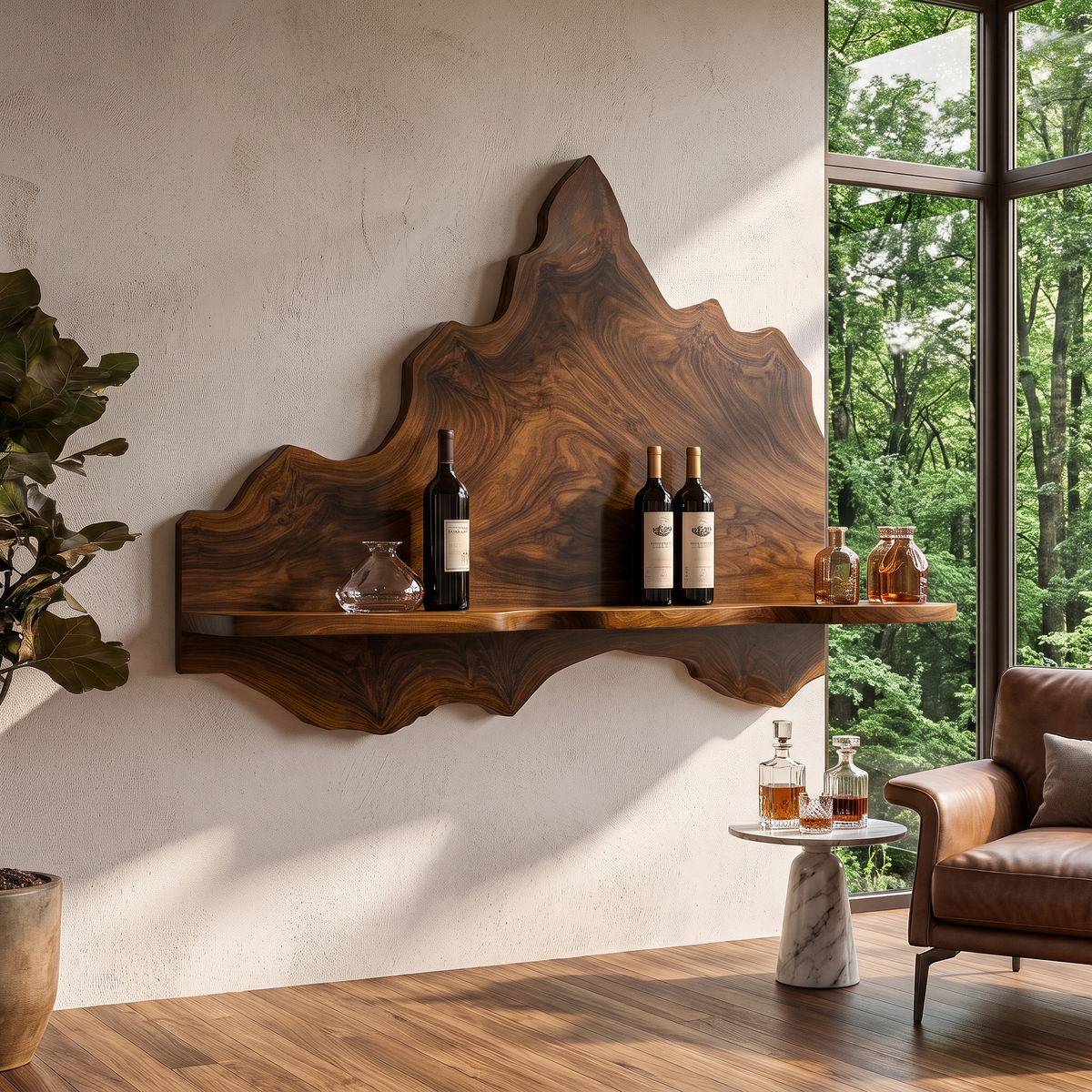 Noravane Peaked Irregular-Edge Handcrafted Floating Wine Shelf by Timberustic — Brown finish