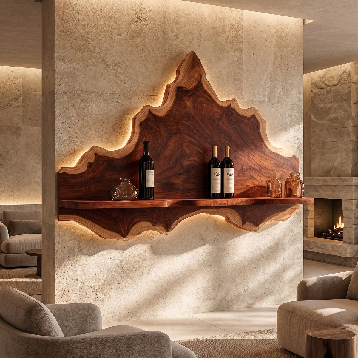 Noravane Peaked Irregular-Edge Handcrafted Floating Wine Shelf by Timberustic — Mahogany finish