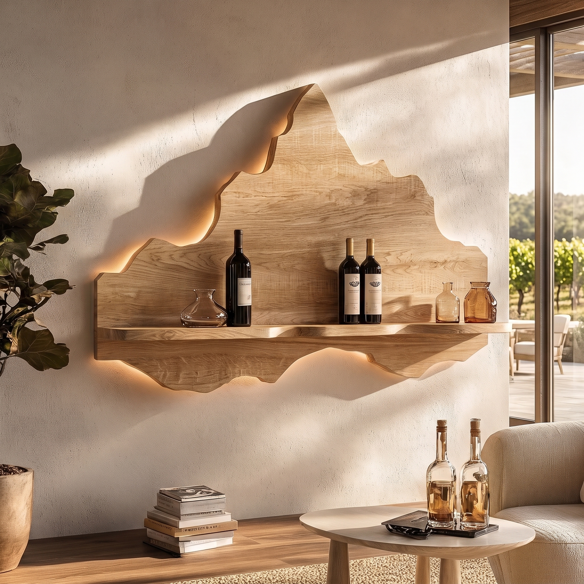Noravane Peaked Irregular-Edge Handcrafted Floating Wine Shelf by Timberustic — Natural Oak finish