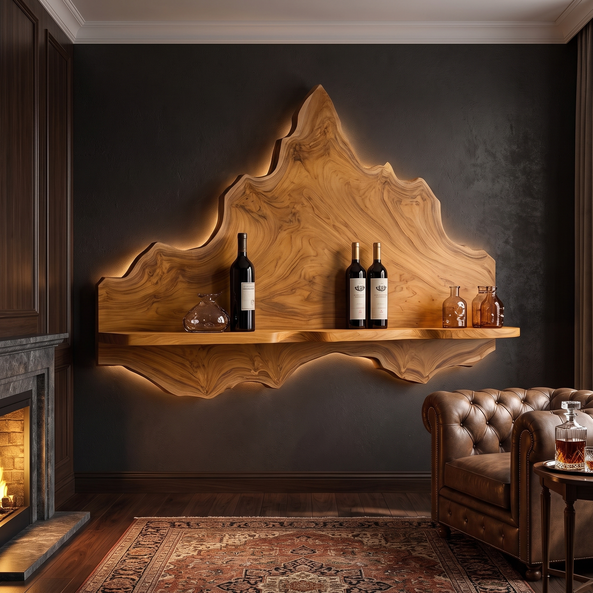 Noravane Peaked Irregular-Edge Handcrafted Floating Wine Shelf by Timberustic — Teak finish