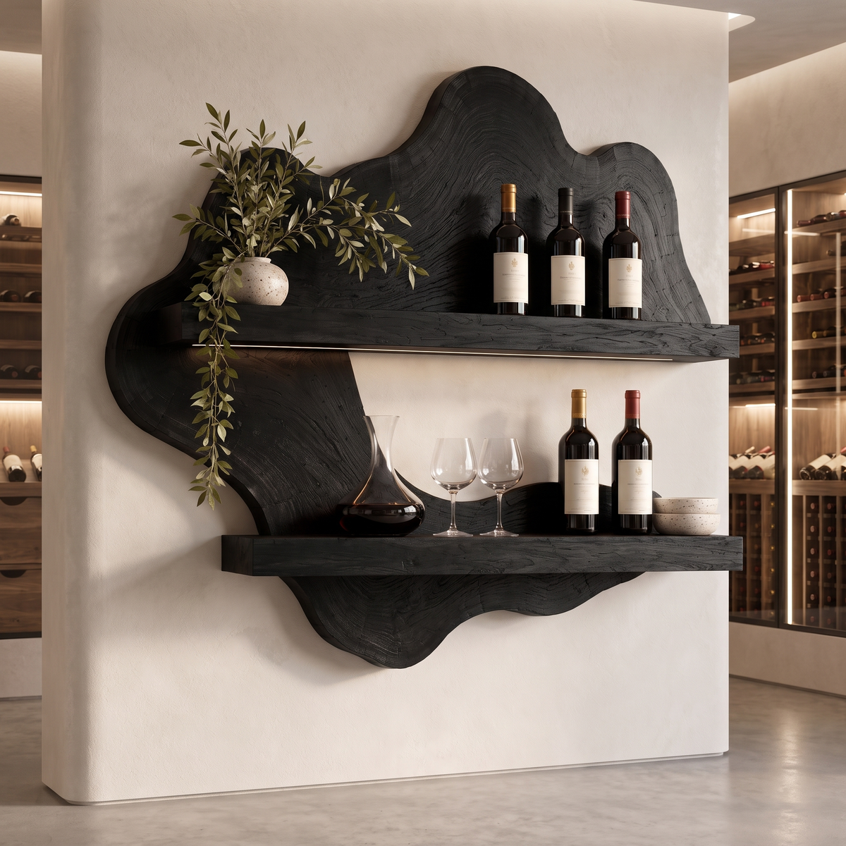 Norevale Contoured Panel Handcrafted Floating Wine Shelf by Timberustic — Black finish