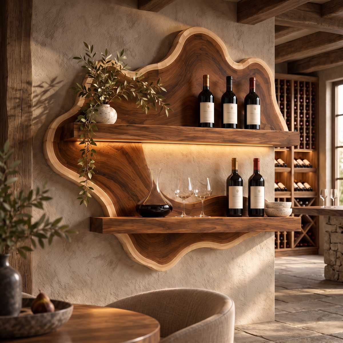 Norevale Contoured Panel Handcrafted Floating Wine Shelf by Timberustic — Brown finish