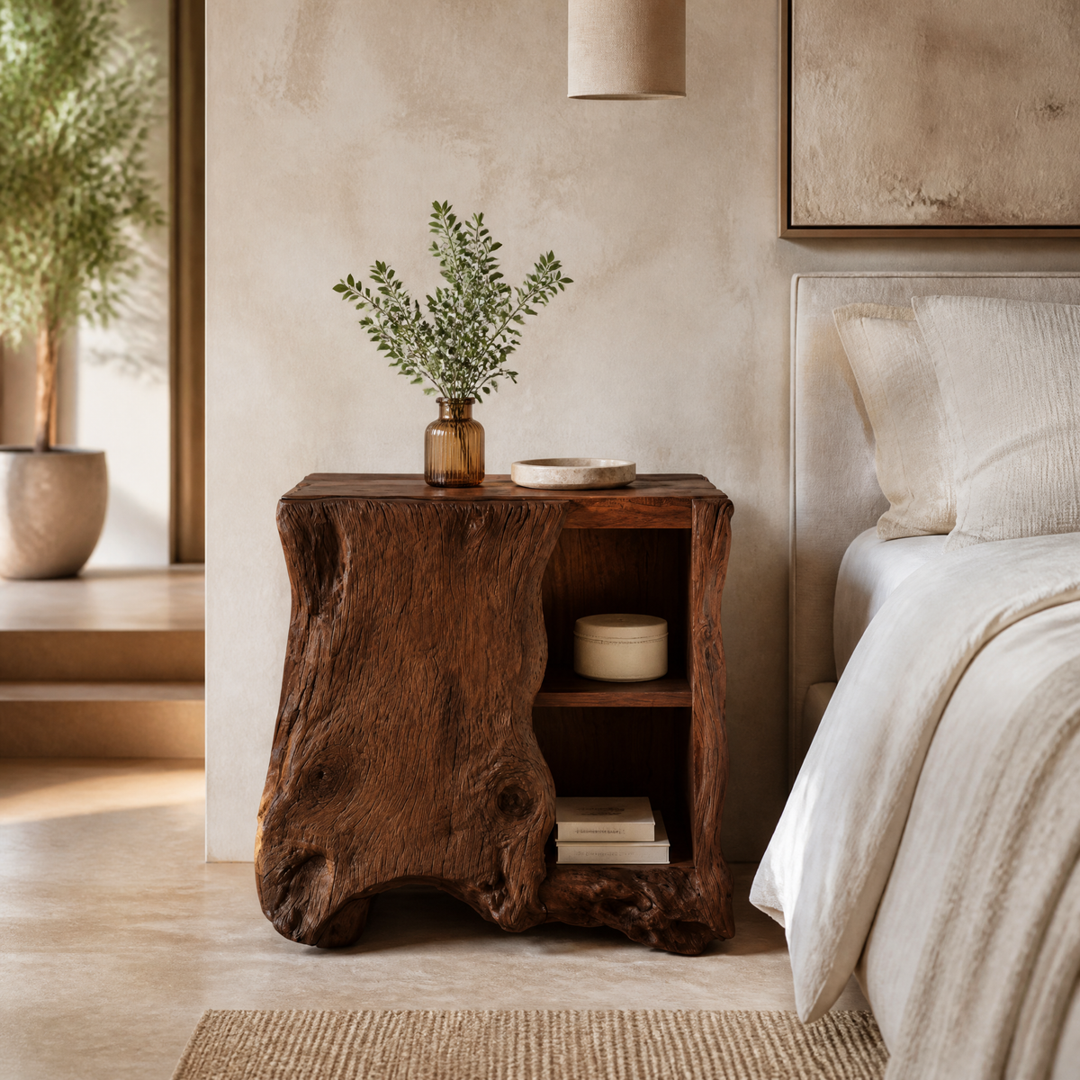 Norevella Asymmetrical Live Edge Handcrafted Bedside Table by Timberustic — Dark Walnut finish