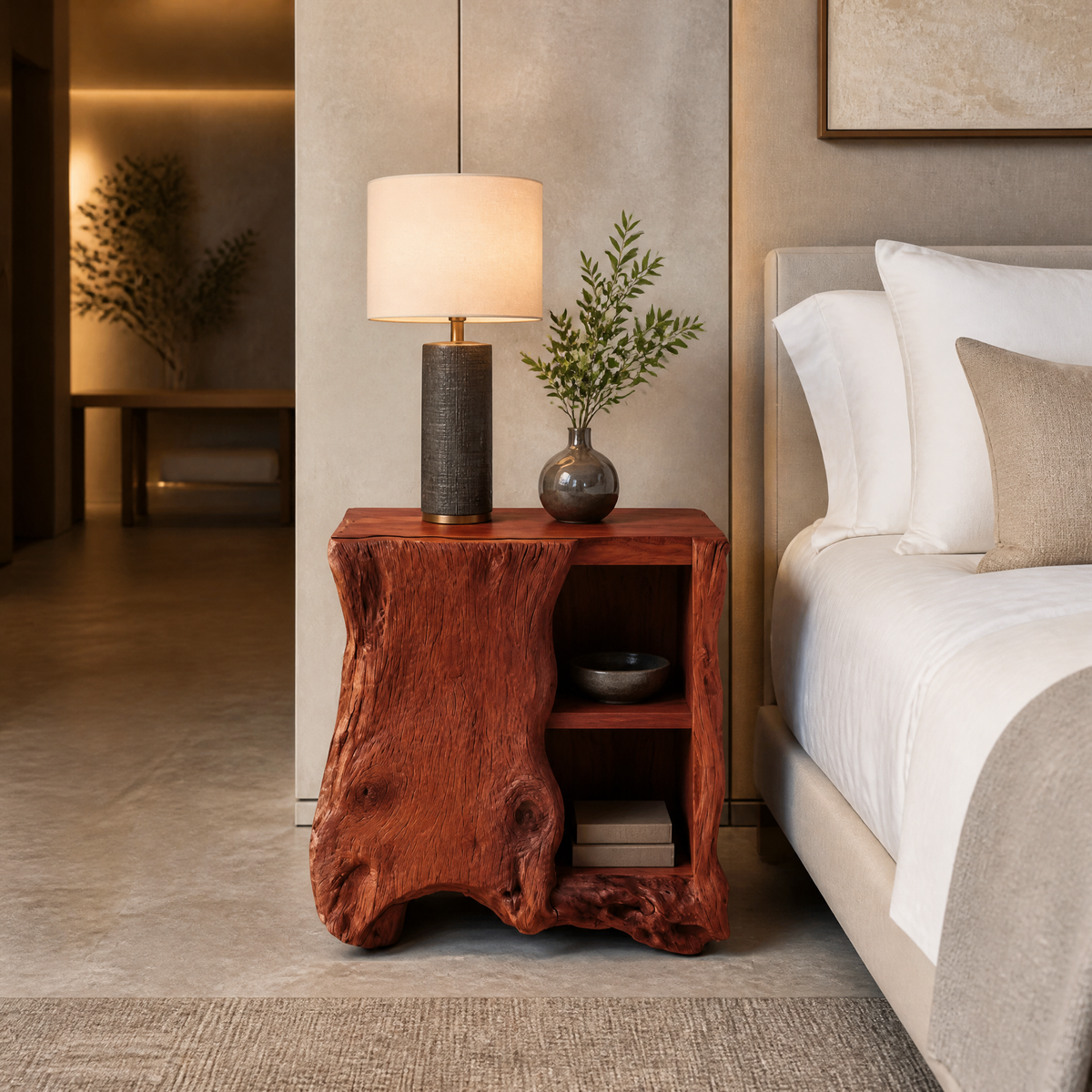 Norevella Asymmetrical Live Edge Handcrafted Bedside Table by Timberustic — Mahogany finish