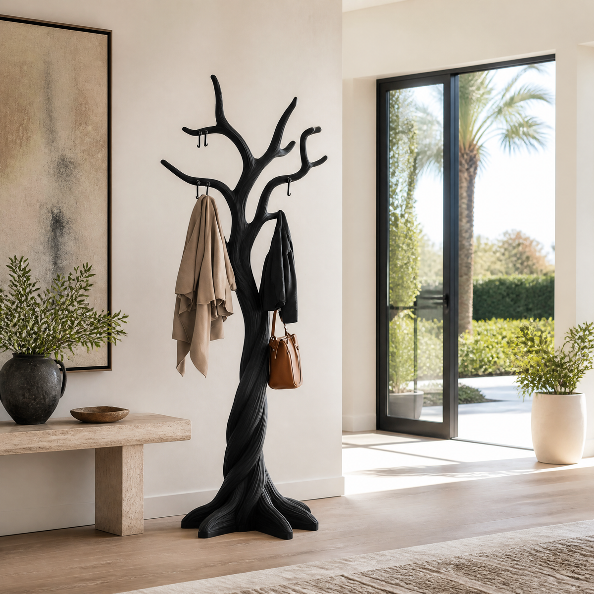 Norilora Twisting Sculpted Tree Coat Rack by Timberustic — Black finish
