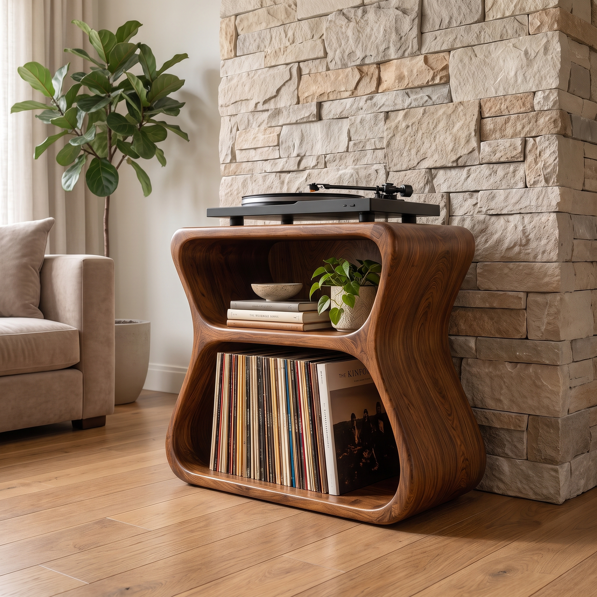 Norilune Sculpted Hourglass Frame Handcrafted Record Player Stand With Storage by Timberustic — Brown finish