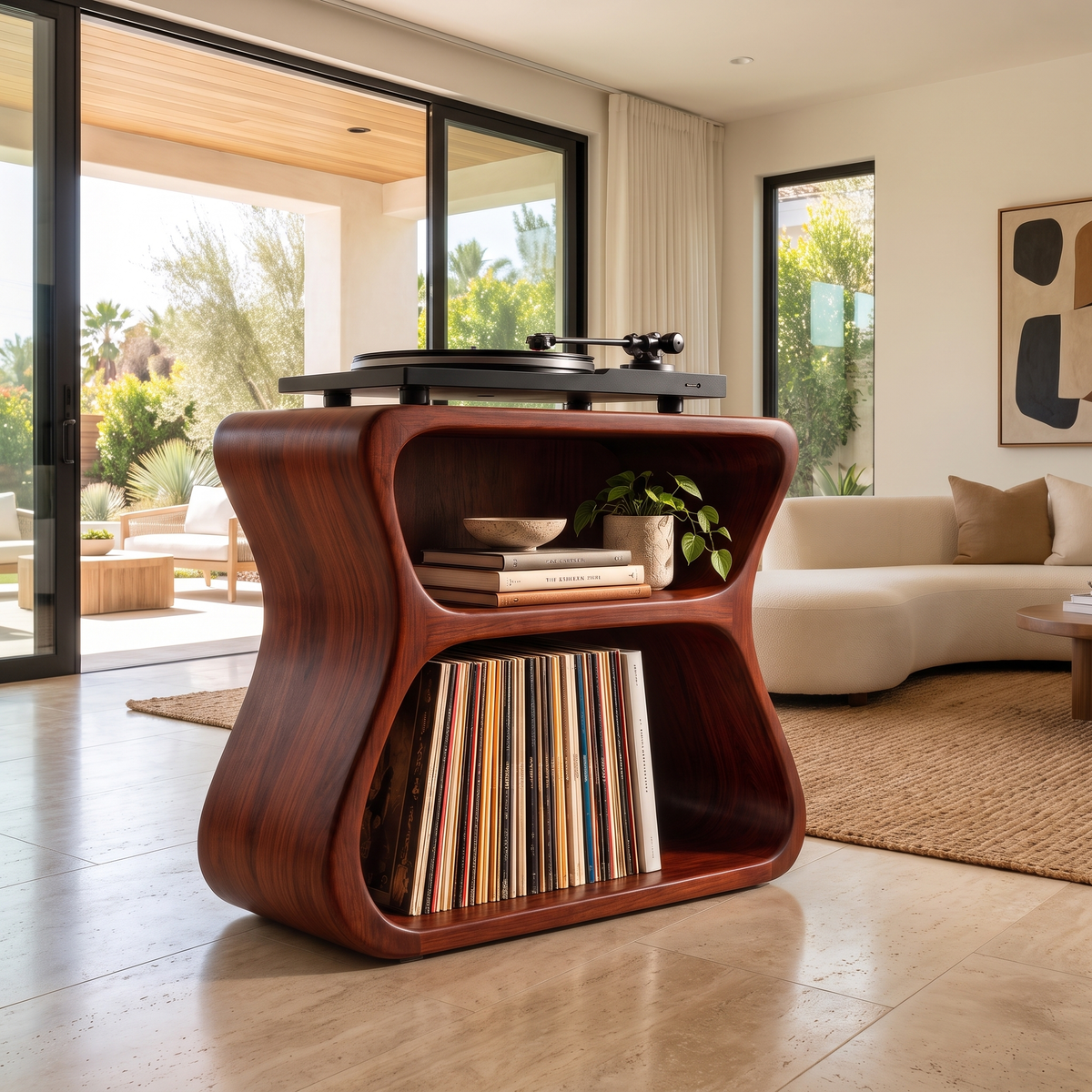 Norilune Sculpted Hourglass Frame Handcrafted Record Player Stand With Storage by Timberustic — Mahogany finish