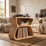 Norilune Sculpted Hourglass Frame Handcrafted Record Player Stand With Storage by Timberustic — Natural Oak finish