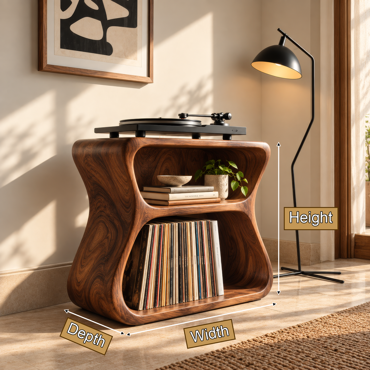Norilune Sculpted Hourglass Frame Handcrafted Record Player Stand With Storage by Timberustic — product dimensions