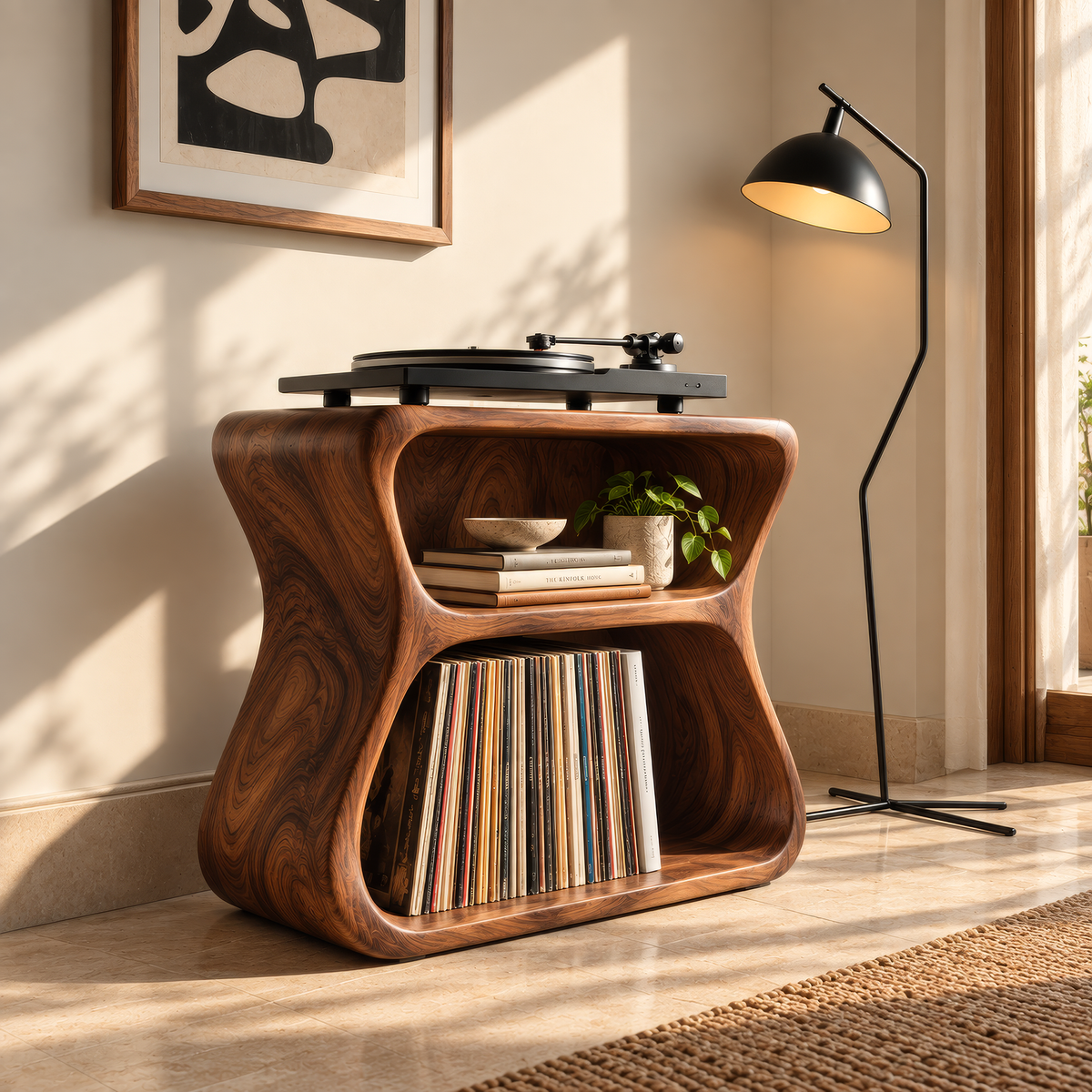 Norilune Sculpted Hourglass Frame Handcrafted Record Player Stand With Storage by Timberustic — overall product view