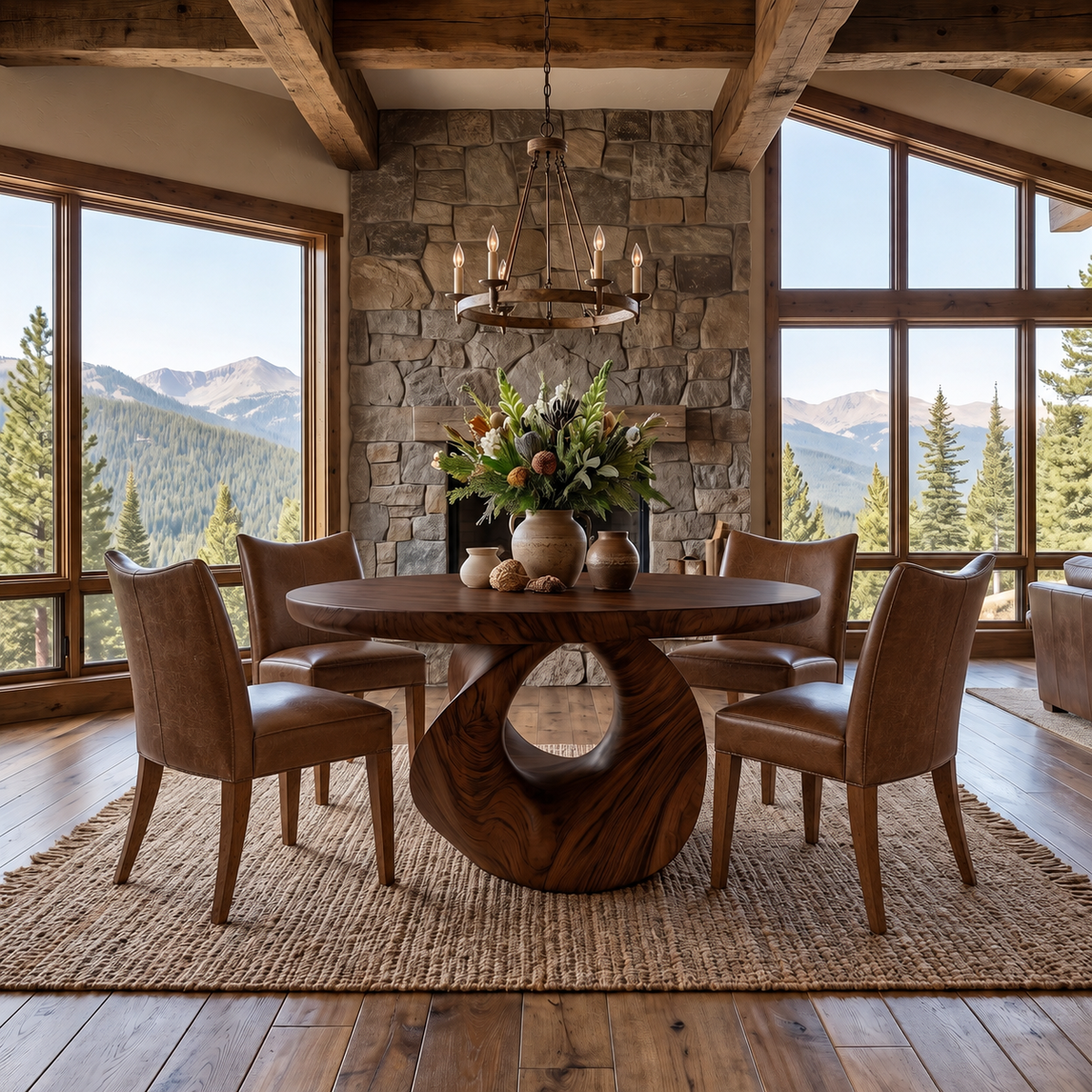 Noririen Sculpted Pedestal Handcrafted Round Dining Table by Timberustic — Dark Walnut finish