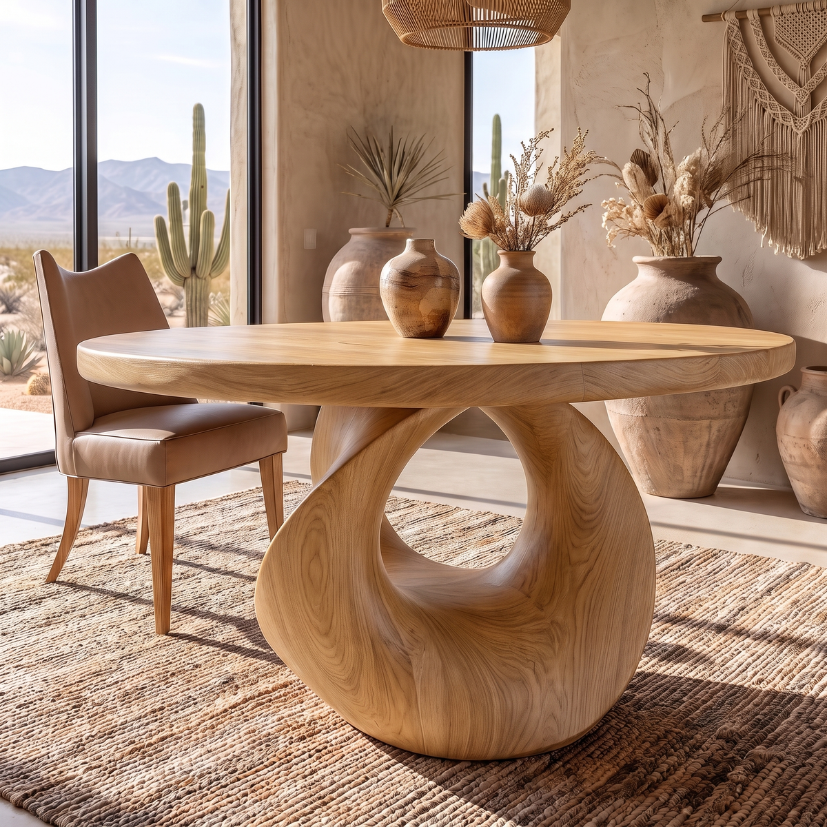 Noririen Sculpted Pedestal Handcrafted Round Dining Table by Timberustic — Natural Oak finish