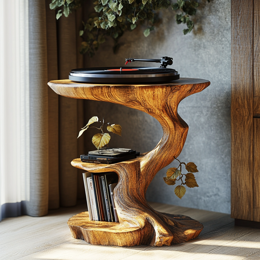 Norivane Branching Sculpted Handcrafted Record Player Stand With Storage by Timberustic — overall product view