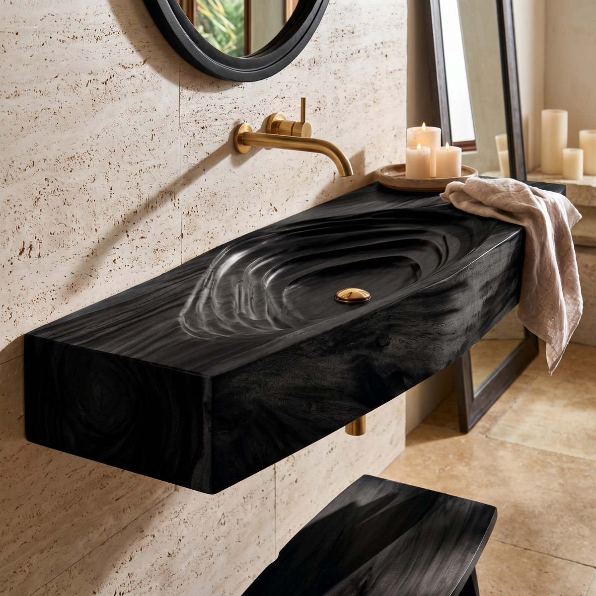 Norivyn Live Edge Sculpted Basin Handcrafted Floating Bathroom Vanity with Integrated Sink Black - Timberustic Floating Bathroom Vanity with Integrated Sink