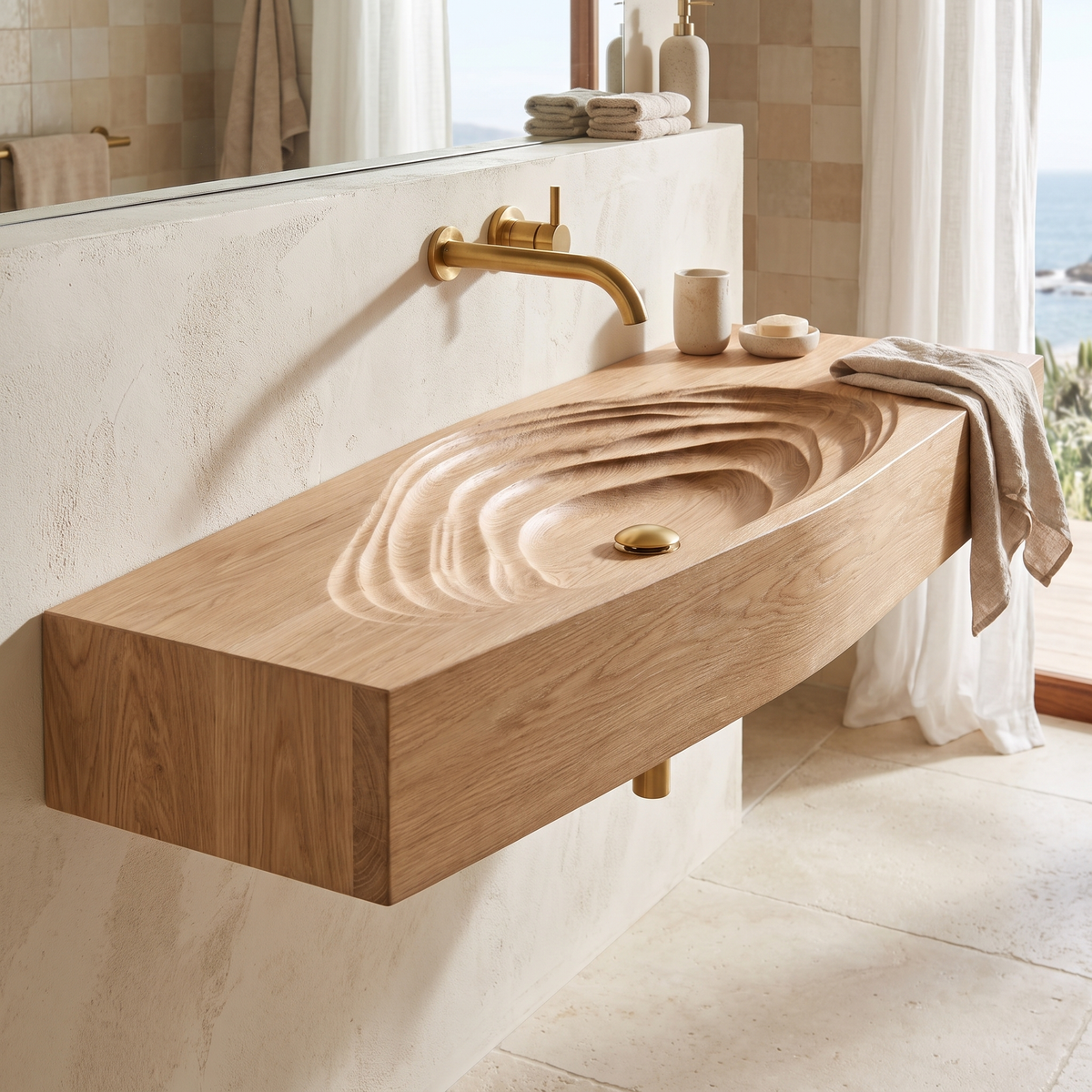Norivyn Live Edge Sculpted Basin Handcrafted Floating Bathroom Vanity with Integrated Sink Natural Oak - Timberustic Floating Bathroom Vanity with Integrated Sink