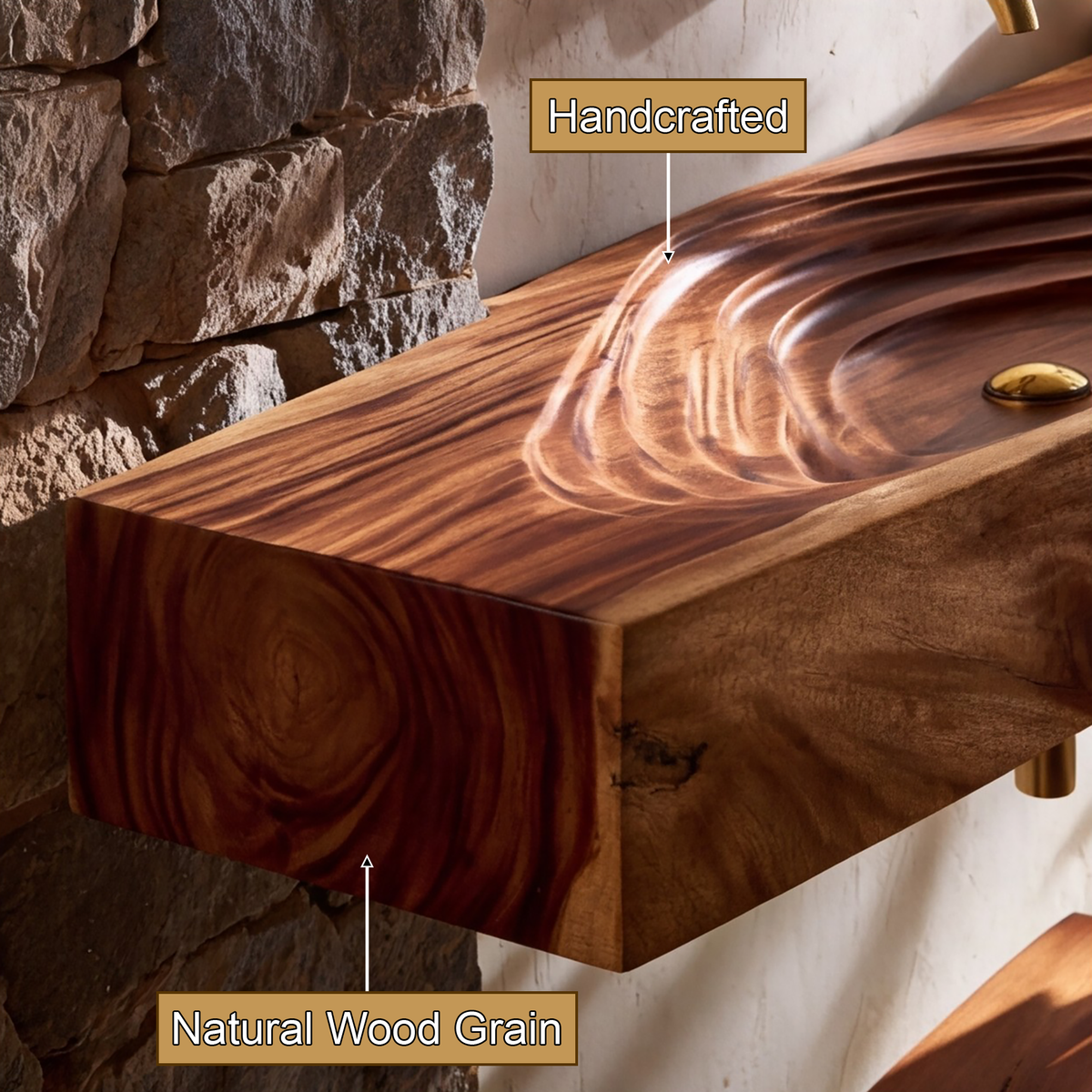 Norivyn Live Edge Sculpted Basin Handcrafted Floating Bathroom Vanity with Integrated Sink - Timberustic Floating Bathroom Vanity with Integrated Sink