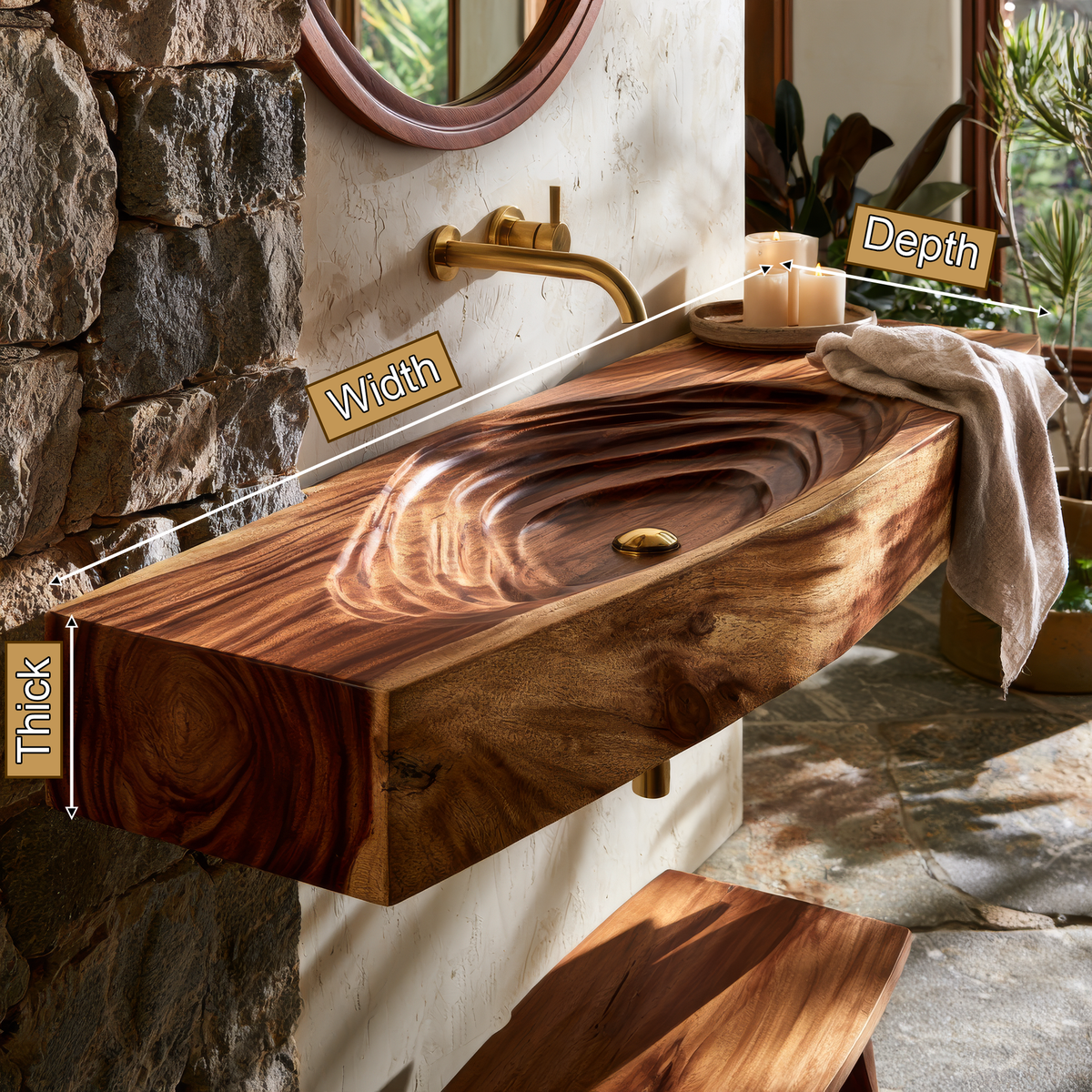 Norivyn Live Edge Sculpted Basin Handcrafted Floating Bathroom Vanity with Integrated Sink - Timberustic Floating Bathroom Vanity with Integrated Sink