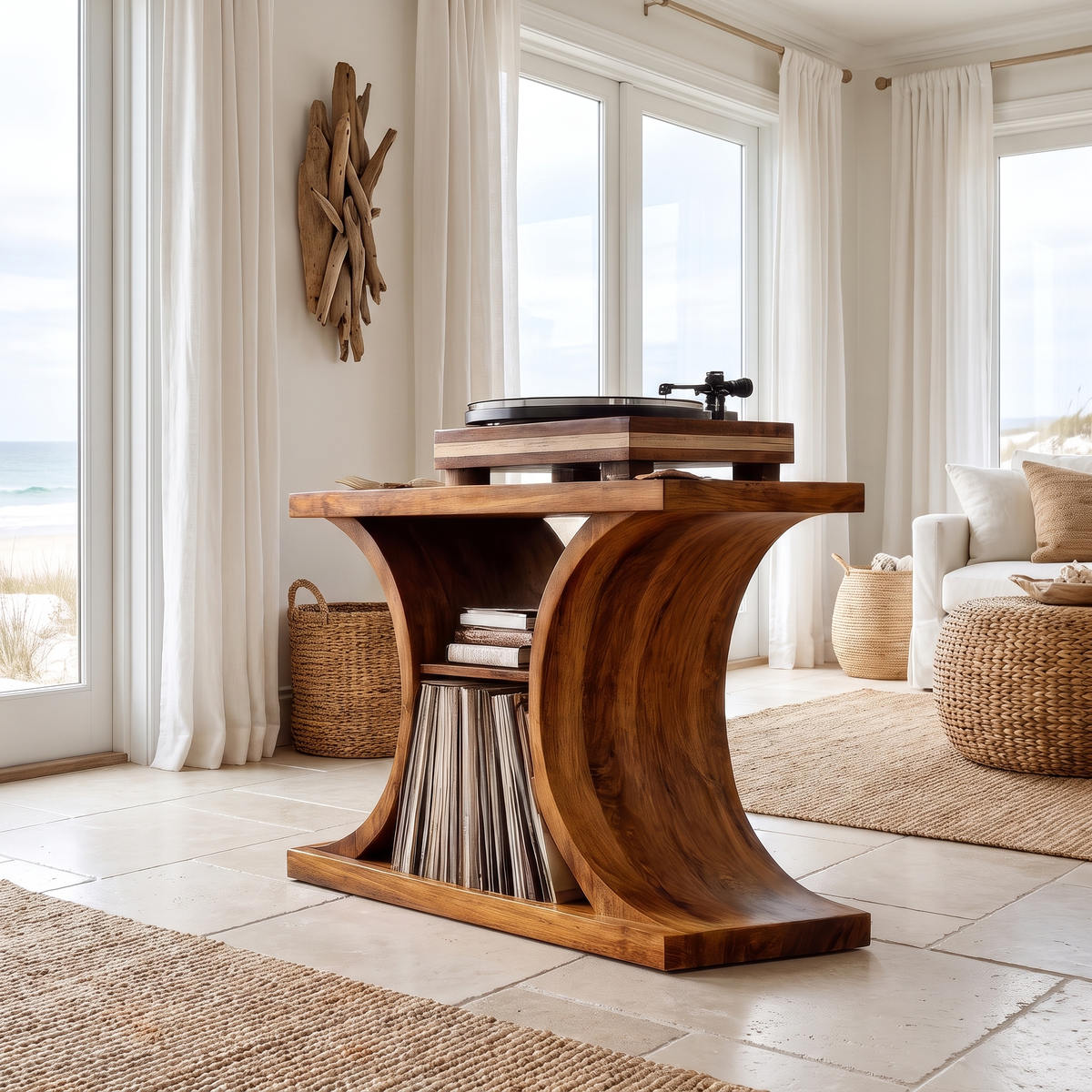 Norodell Curved Frame Handcrafted Record Player Stand With Storage Brown - Timberustic Record Player Stand With Storage