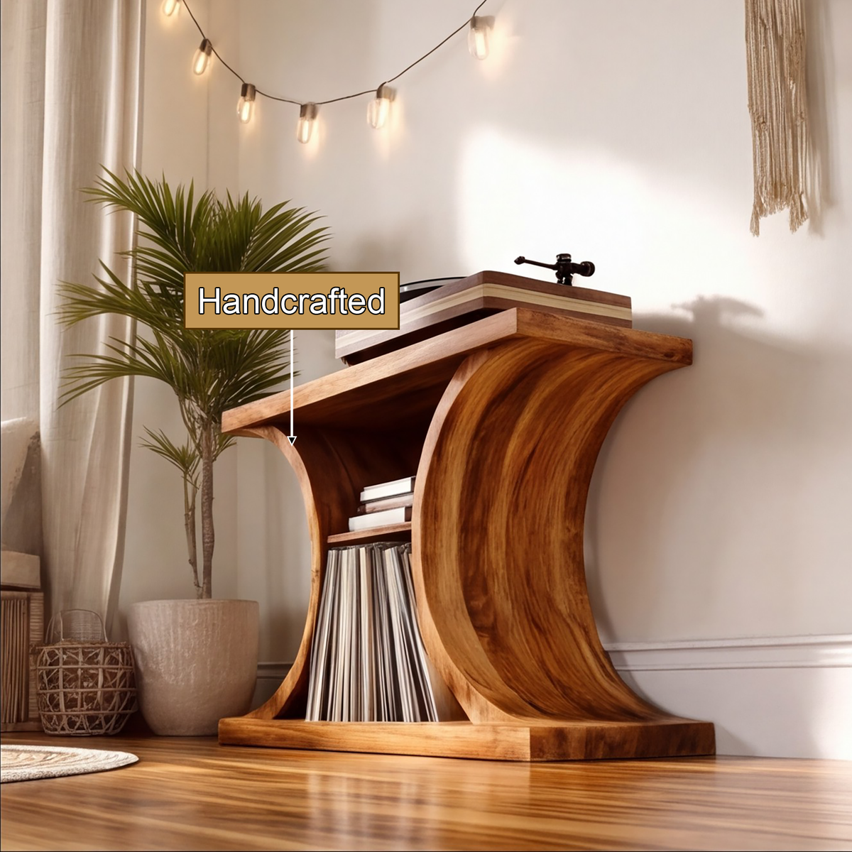 Norodell Curved Frame Handcrafted Record Player Stand With Storage - Timberustic Record Player Stand With Storage