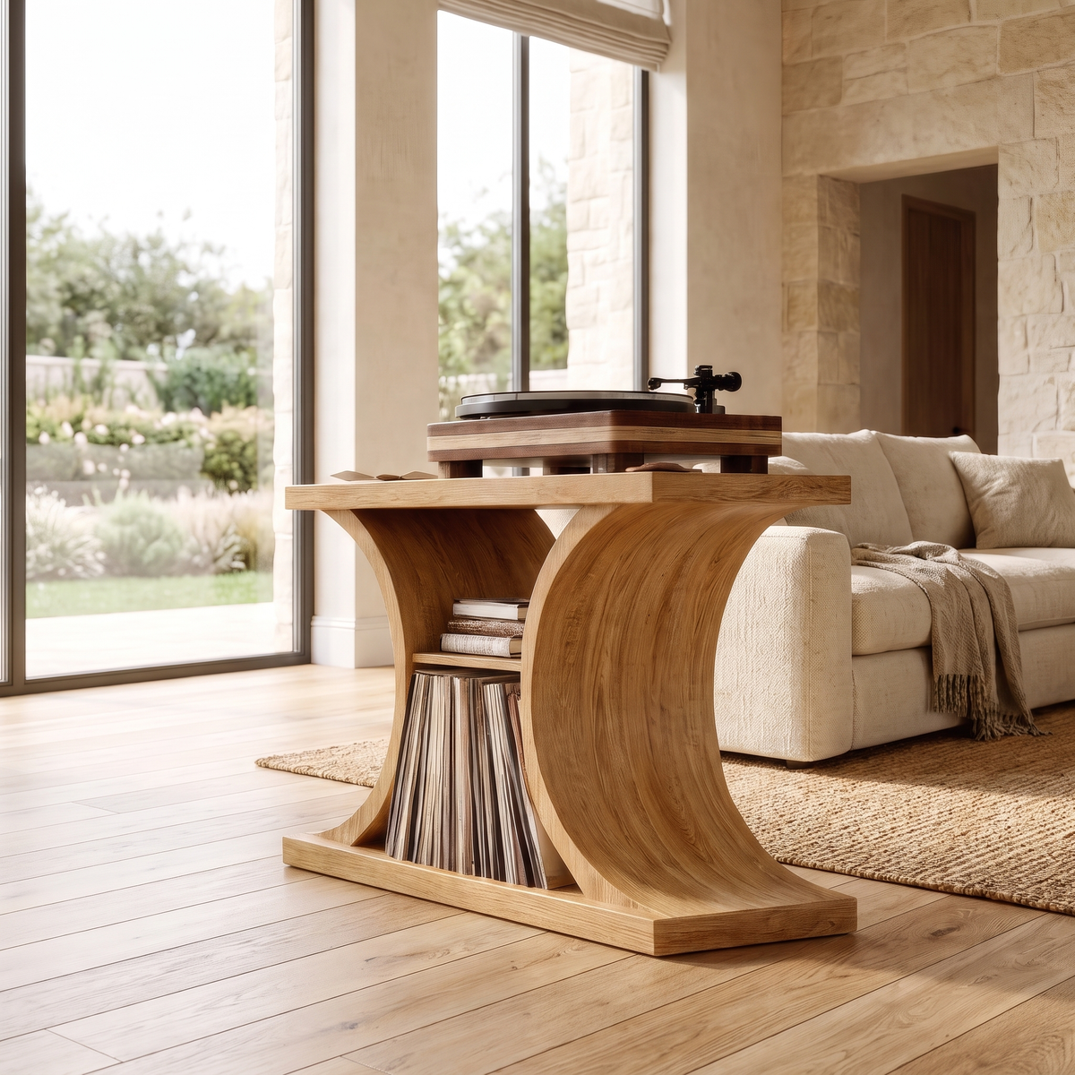 Norodell Curved Frame Handcrafted Record Player Stand With Storage Natural Oak - Timberustic Record Player Stand With Storage