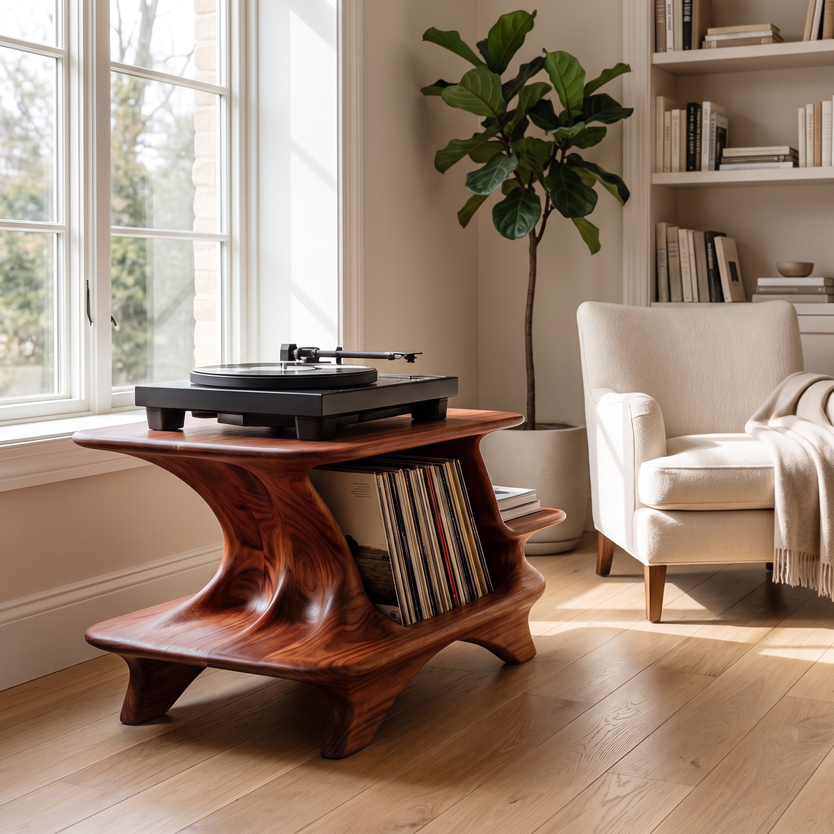 Nororell Flowing Sculpted Handcrafted Record Player Stand With Storage Mahogany - Timberustic Record Player Stand With Storage