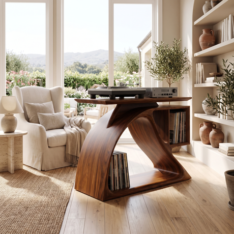 Nororien Sweeping Arch Handcrafted Record Player Stand With Storage Brown - Timberustic Record Player Stand With Storage