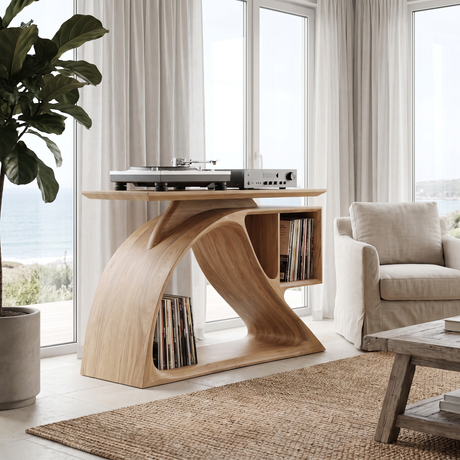 Nororien Sweeping Arch Handcrafted Record Player Stand With Storage Natural Oak - Timberustic Record Player Stand With Storage