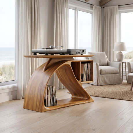 Nororien Sweeping Arch Handcrafted Record Player Stand With Storage Teak - Timberustic Record Player Stand With Storage