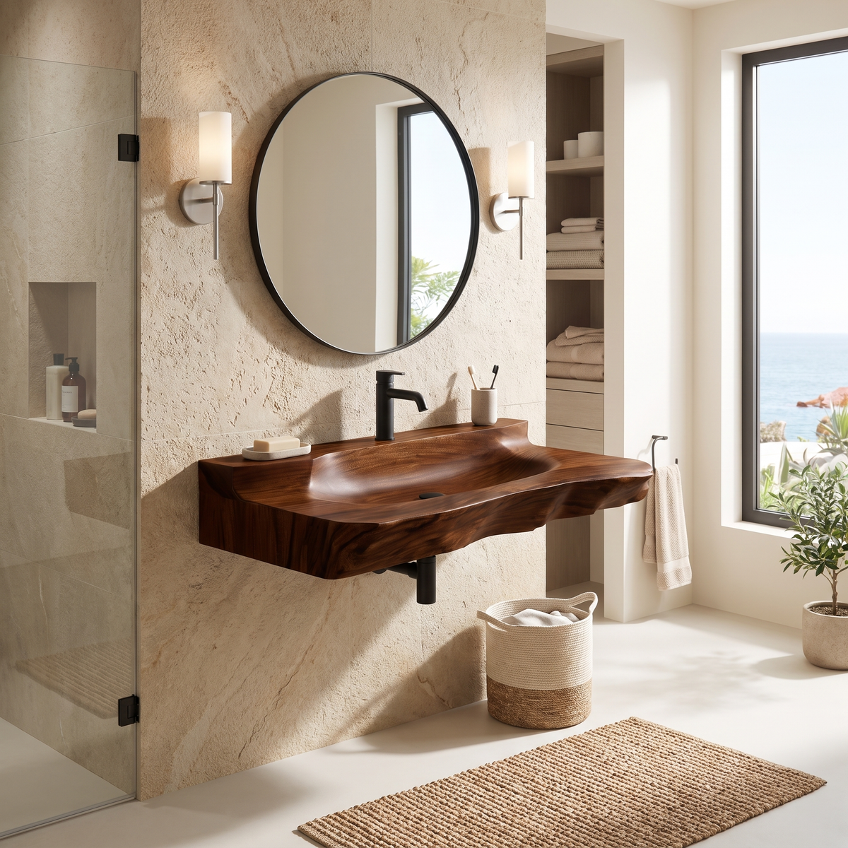 Norovella Sculpted Basin Handcrafted Floating Bathroom Vanity with Integrated Sink by Timberustic — Dark Walnut finish