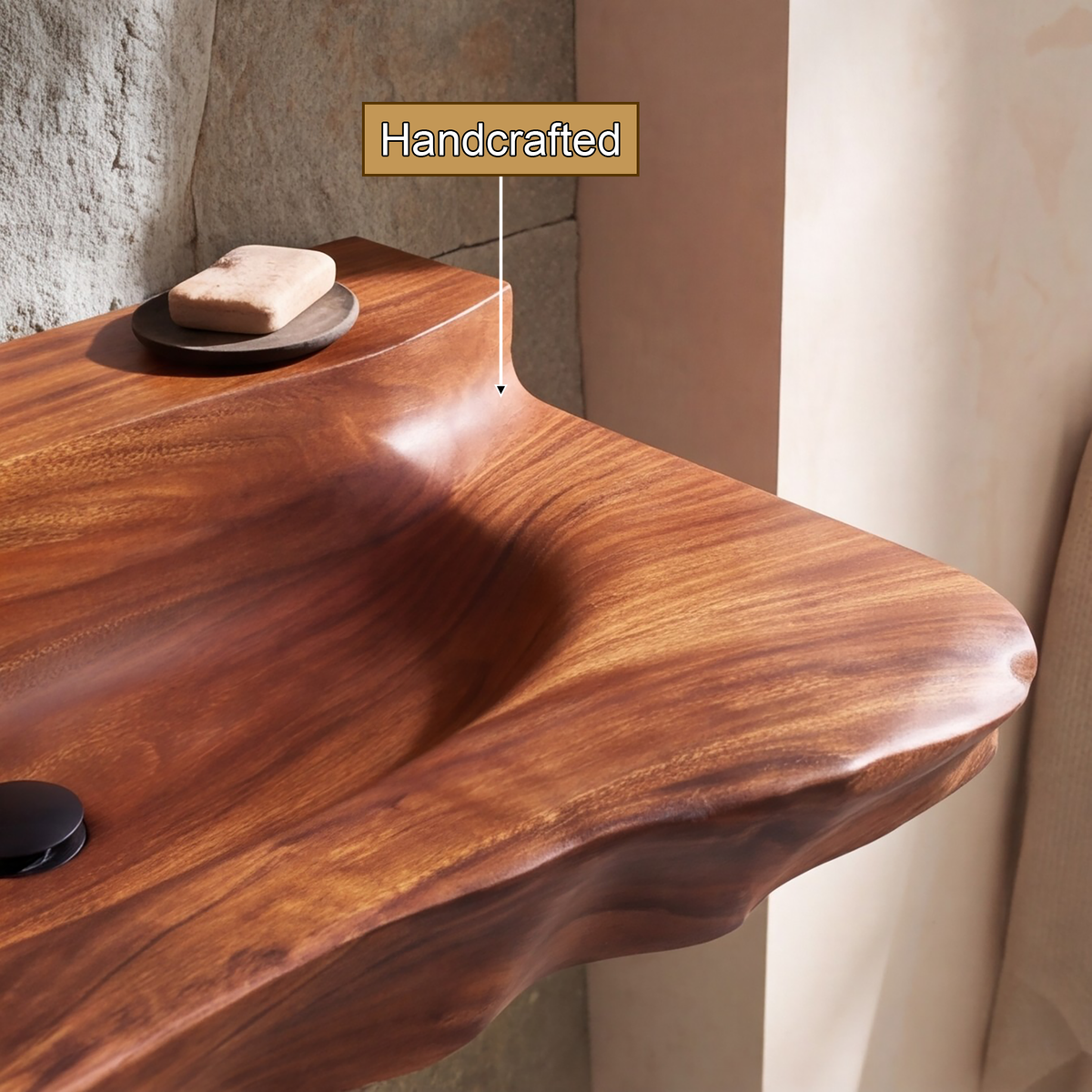 Norovella Sculpted Basin Handcrafted Floating Bathroom Vanity with Integrated Sink by Timberustic — handcrafted details