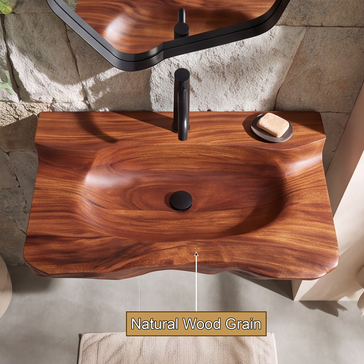 Norovella Sculpted Basin Handcrafted Floating Bathroom Vanity with Integrated Sink by Timberustic — natural wood grain detail