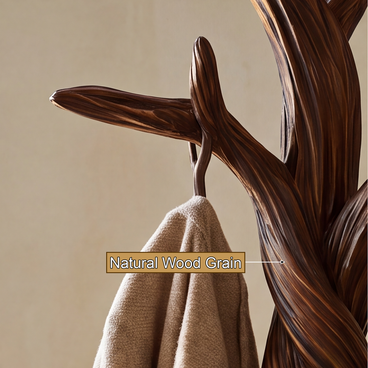 Norowyn Twisting Sculpted Tree Coat Rack by Timberustic — natural wood grain detail